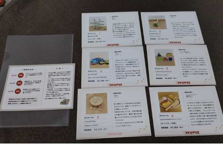 IKUPLE(イクプル)から届いたおもちゃの箱に同梱されていたA5クリアファイルと利用ガイドとおもちゃの説明文6枚の写真