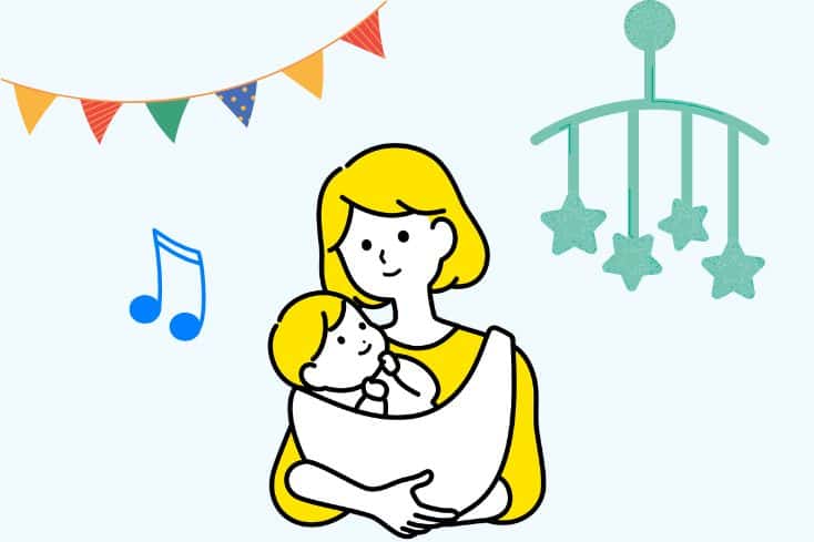 新生児を抱っこするママとおもちゃのイラスト