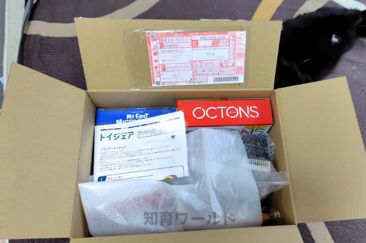 トイシェアから届いた箱を開けて中のおもちゃが見える状態にしたところの写真