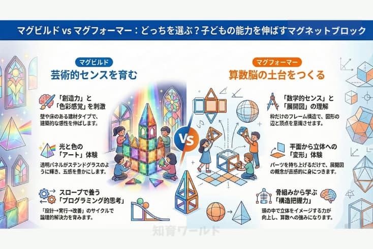 マグビルドとマグフォーマーの子どもを伸ばす知育効果をそれぞれ図解にしたインフォグラフィック。