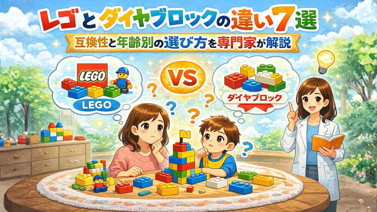 レゴとダイヤブロックの 違い7つと互換性や年齢別の選び方を専門家が解説の文字とレゴかダイヤブロックが悩んでいる親子と専門家のイラスト