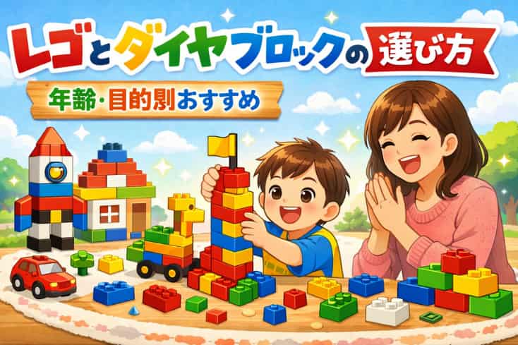 レゴとダイヤブロックの選び方、年齢別の目的別おすすめの文字と親子がブロックで楽しく遊んでいるところのイラスト