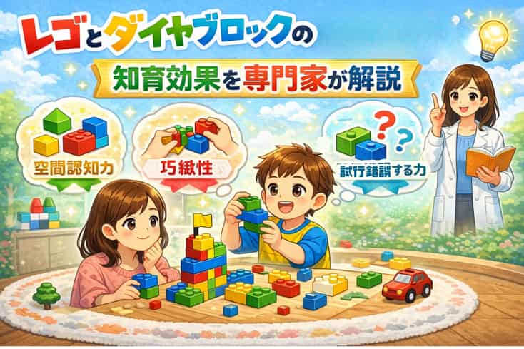 レゴとダイヤブロックの知育効果を専門家が解説の文字と親子がブロックで遊んでいるところに専門家が空間認知力・巧緻性・試行錯誤する力が育つといったアドバイスをしているイラスト