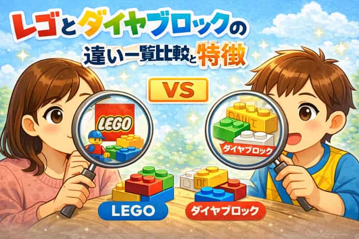 レゴとダイヤブロックの違い一覧比較と特徴の文字と親子が虫メガネでレゴとダイヤブロックをチェックしているイラスト
