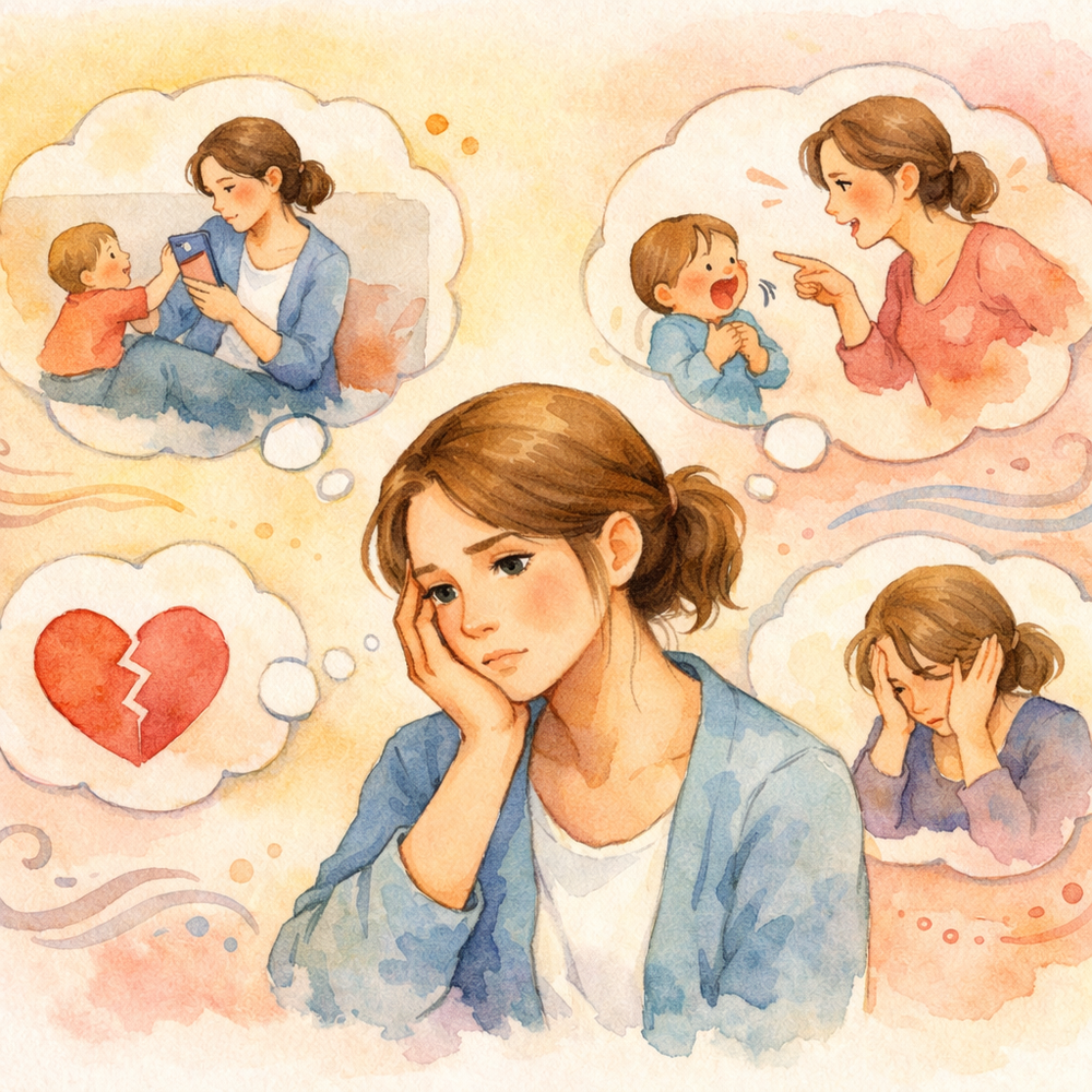 子どもに怒ったり優しくできなかったり悩んで落ち込んでいるママのイラスト