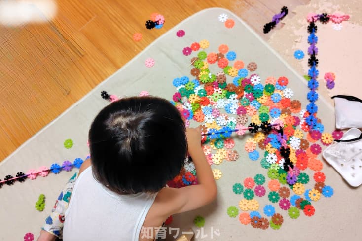 5歳の息子がジスターをひたすら真っすぐに繋げて遊んでいるところの写真